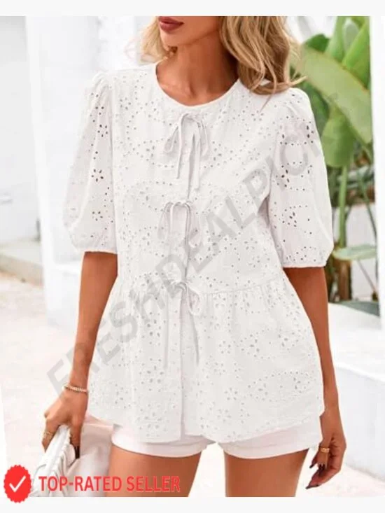 Peplum Eyelet Tie Front Blouse Lantern Sleeve Y2K Lace Babydoll Top - Picture 4 of 7